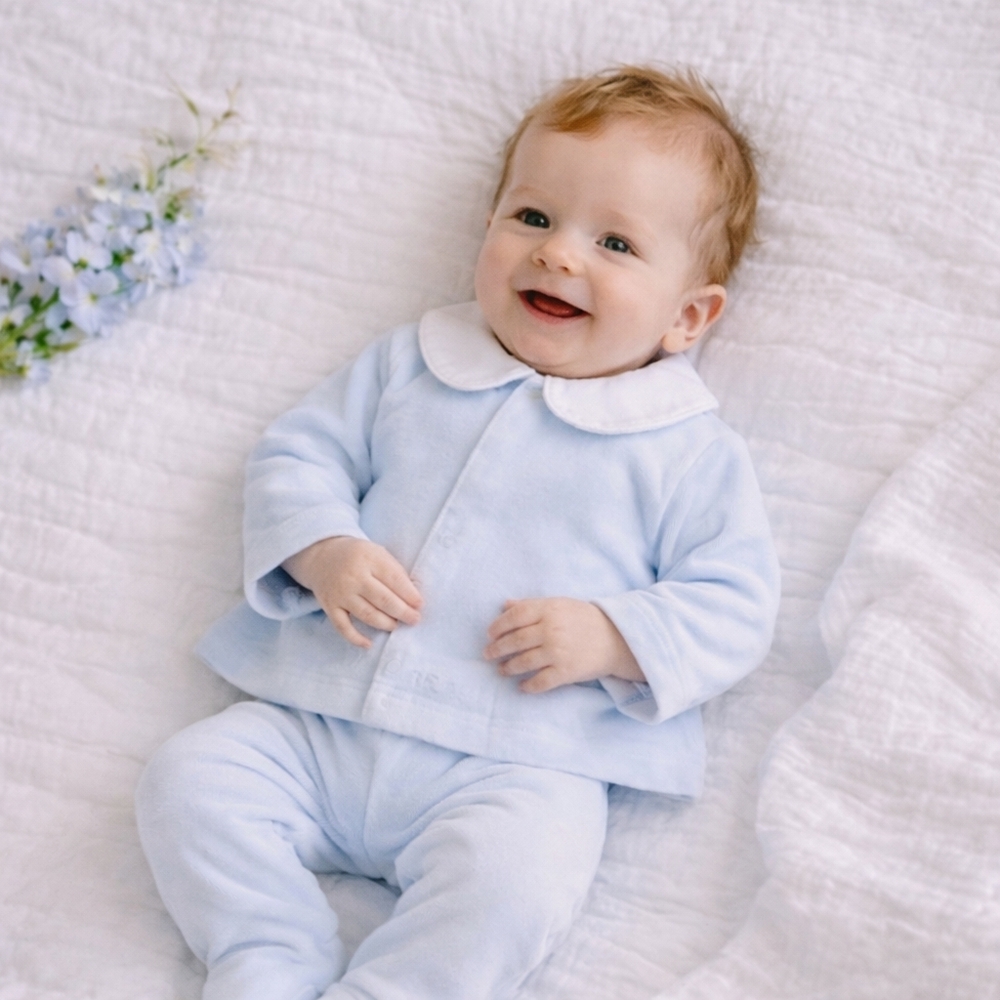 Jacadi Paris 6M Luxury Baby Blue Velour Set Footed Pants NWOT Boutique Classic